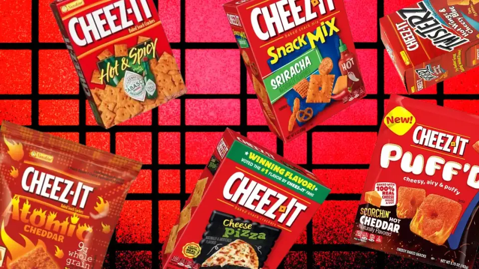 Six discontinued Cheez-It boxes and bags on a red grid background
