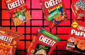 Six discontinued Cheez-It boxes and bags on a red grid background