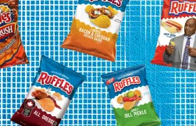 Five Ruffles chip bags including All Dressed, Spicy Dill Pickle, and Hot Dog