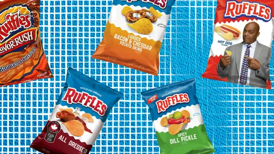 Five Ruffles chip bags including All Dressed, Spicy Dill Pickle, and Hot Dog