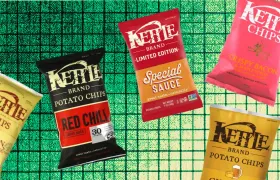 Five Kettle Brand potato chip bags including Red Chili and Special Sauce