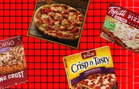 DiGiorno, Jeno’s, and Tofutti frozen pizza boxes on red grid background