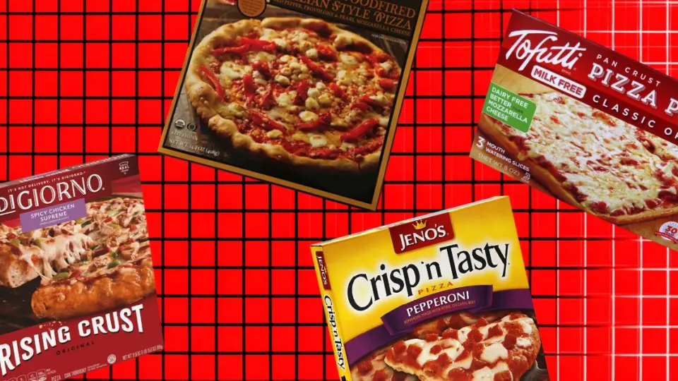 DiGiorno, Jeno’s, and Tofutti frozen pizza boxes on red grid background