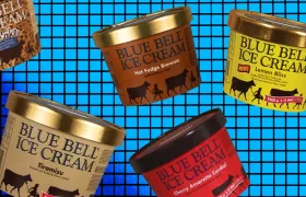 Five Blue Bell ice cream half-gallon cartons on blue grid background