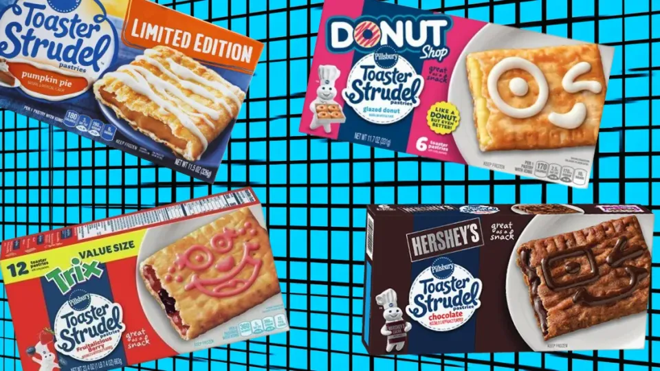 Four Pillsbury Toaster Strudel boxes: pumpkin pie, glazed donut, Trix, and Hershey's chocolate