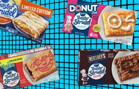 Four Pillsbury Toaster Strudel boxes: pumpkin pie, glazed donut, Trix, and Hershey's chocolate