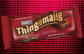Hershey's Thingamajig candy bar wrapper on a red halftone background