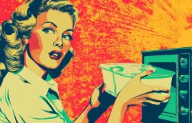 Pop-art illustration of 1950s woman putting a food tray into an oven