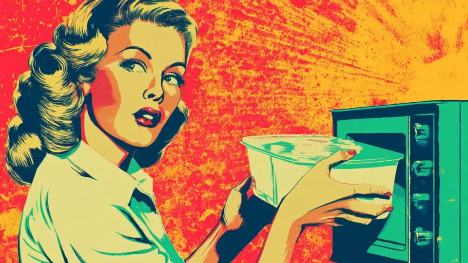 Pop-art illustration of 1950s woman putting a food tray into an oven