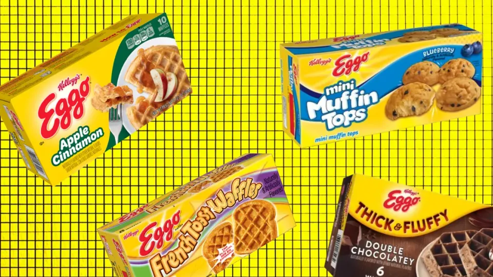 Four Eggo boxes — Apple Cinnamon, Mini Muffin Tops, French Toast, Double Chocolatey