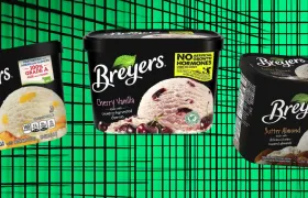 Breyers Peach, Cherry Vanilla, and Butter Almond ice cream tubs