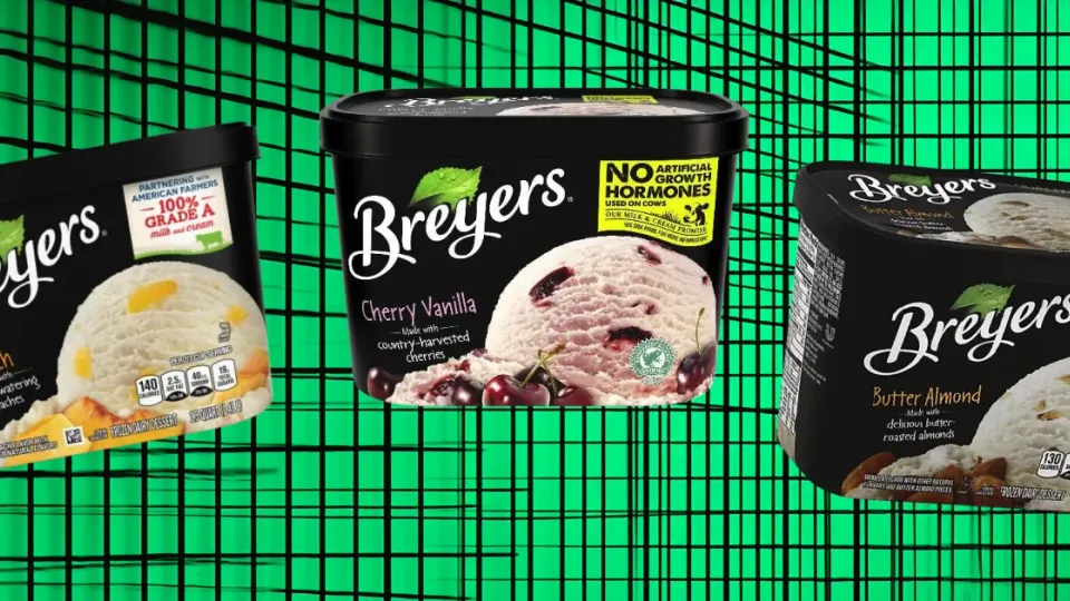 Breyers Peach, Cherry Vanilla, and Butter Almond ice cream tubs