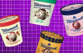 Four Tillamook ice cream and frozen custard cartons on a purple background