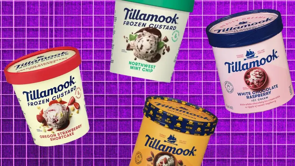 Four Tillamook ice cream and frozen custard cartons on a purple background