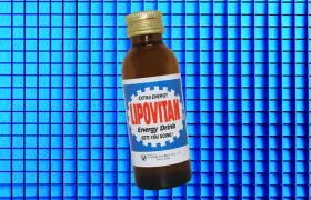 Brown glass Lipovitan energy drink bottle with blue and red label
