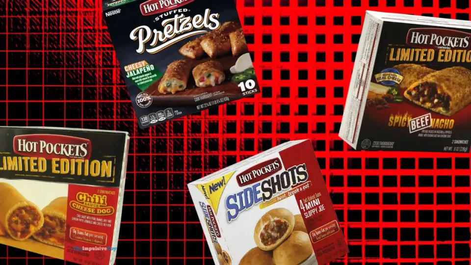 Four discontinued Hot Pockets boxes including Chili Cheese Dog and Sideshots