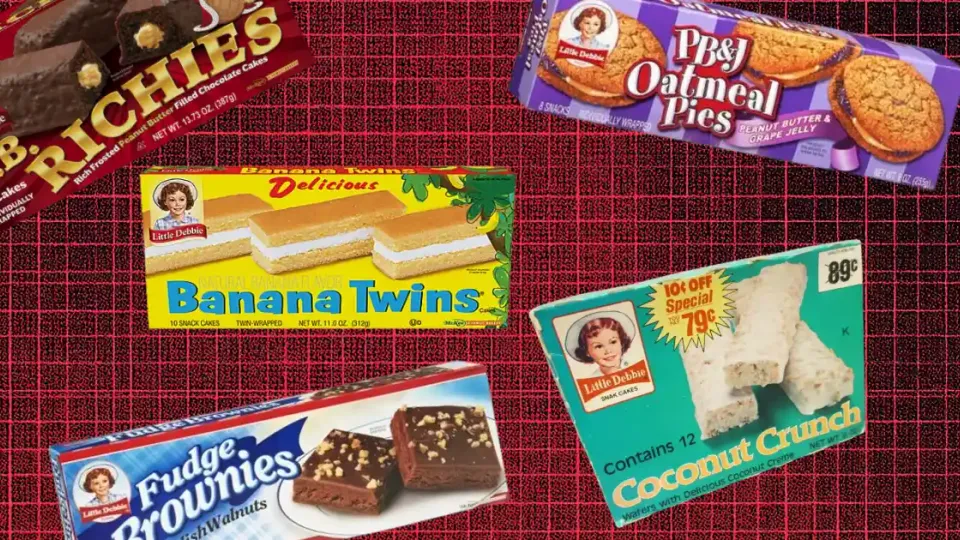 Five vintage Little Debbie snack boxes on a red grid background