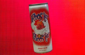 Rooster Booster energy drink can with muscular cartoon rooster mascot