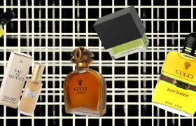 Vintage Gucci perfume bottles including Eau de Gucci, Envy and Pour Homme