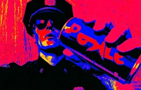 Police officer holding an energy drink can, pop-art illustration