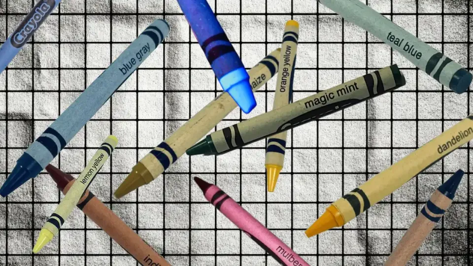 Retired Crayola crayons including blue gray, magic mint, and dandelion