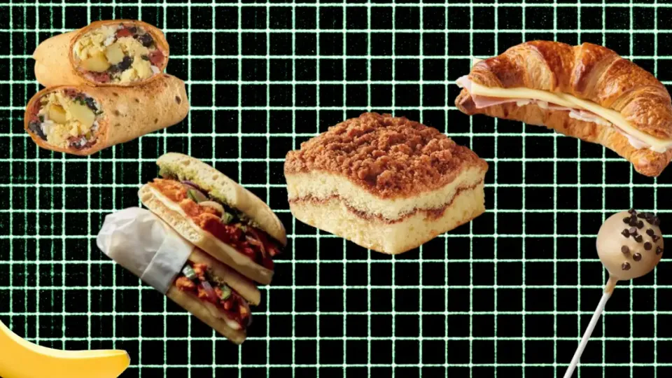 Starbucks breakfast wrap, panini, coffee cake, ham croissant, and cake pop