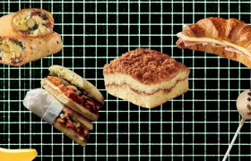 Starbucks breakfast wrap, panini, coffee cake, ham croissant, and cake pop