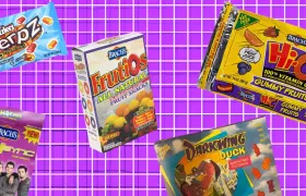 Vintage fruit snack boxes including NSYNC and Hi-C on a purple grid