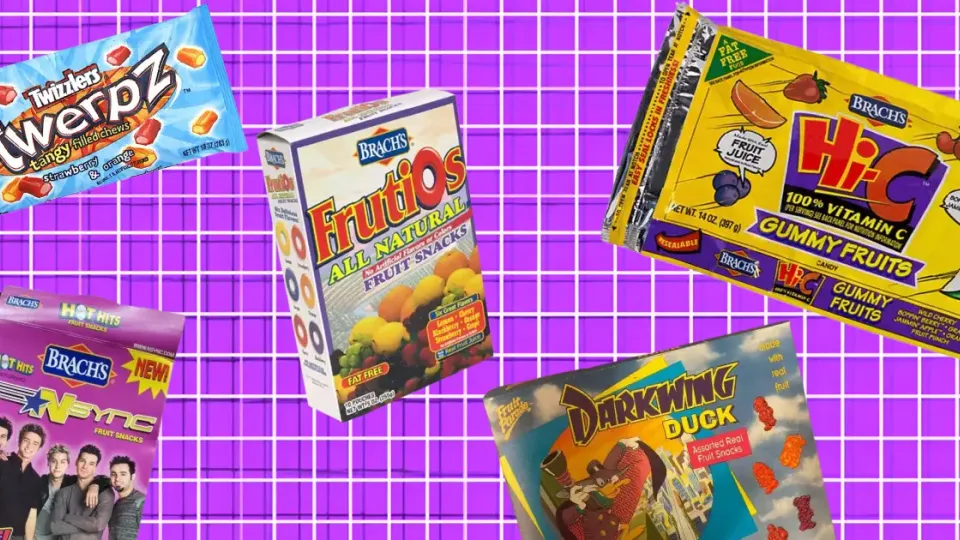 Vintage fruit snack boxes including NSYNC and Hi-C on a purple grid