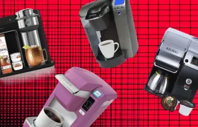 Four discontinued Keurig brewers and a Drinkworks machine on red