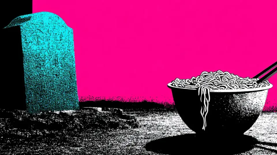 Gravestone beside a bowl of instant ramen noodles with chopsticks