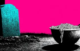Gravestone beside a bowl of instant ramen noodles with chopsticks
