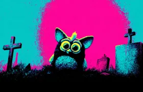 Neon pop-art Furby sitting in a graveyard among tombstones