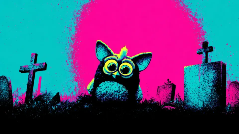 Neon pop-art Furby sitting in a graveyard among tombstones