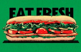 Illustrated submarine sandwich under the bold Eat Fresh slogan on green