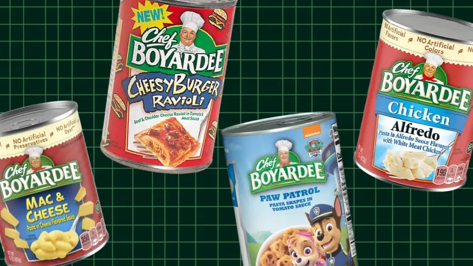 Chef Boyardee cans of Mac and Cheese, Cheesy Burger Ravioli, Paw Patrol, Chicken Alfredo