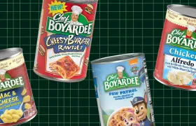 Chef Boyardee cans of Mac and Cheese, Cheesy Burger Ravioli, Paw Patrol, Chicken Alfredo