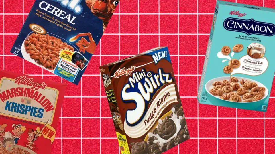 Discontinued cereal boxes E.T., Mini Swirlz, Cinnabon, Marshmallow Krispies
