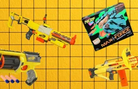 Yellow Nerf toy blasters and a Max Force Manta Ray box