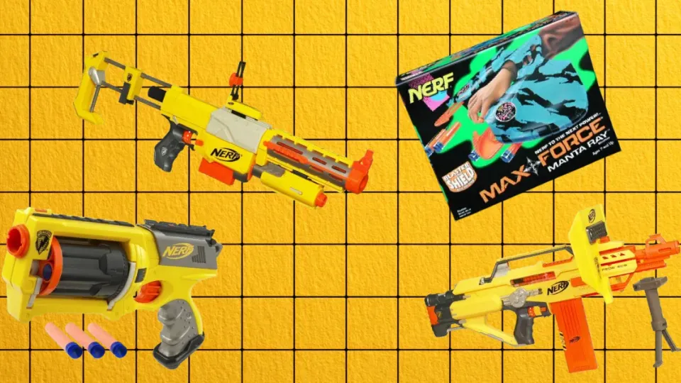Yellow Nerf toy blasters and a Max Force Manta Ray box