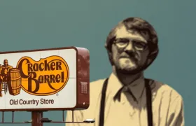 Cracker Barrel Old Country Store sign with stylized bearded man in suspenders