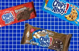 Three Chips Ahoy packages, Chewy Brownie, Hot Cocoa and Popcorn Candy Chip