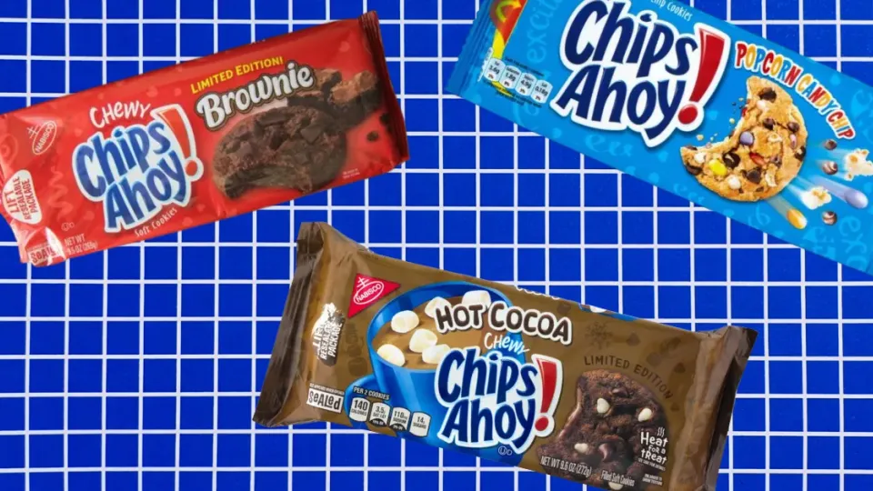 Three Chips Ahoy packages, Chewy Brownie, Hot Cocoa and Popcorn Candy Chip