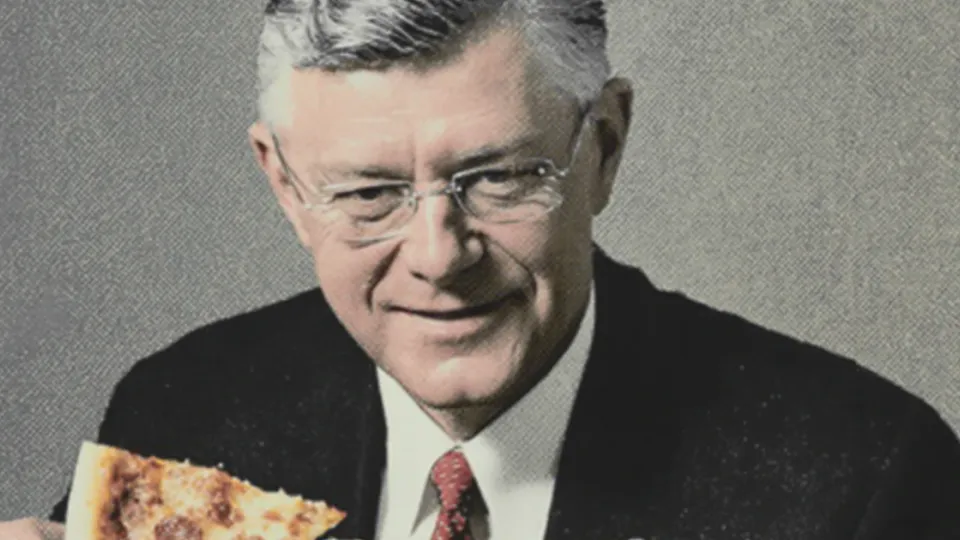Older man in a dark suit holding a slice of pizza