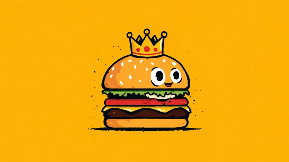 Cartoon hamburger wearing a crown on a yellow background