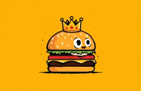 Cartoon hamburger wearing a crown on a yellow background