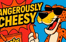 Chester Cheetah cartoon with Cheetos bag and Dangerously Cheesy slogan