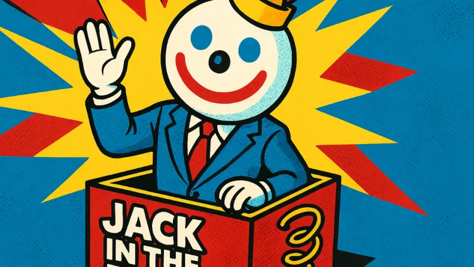 Jack Box mascot in a blue suit waving from a red jack-in-the-box