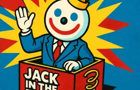 Jack Box mascot in a blue suit waving from a red jack-in-the-box