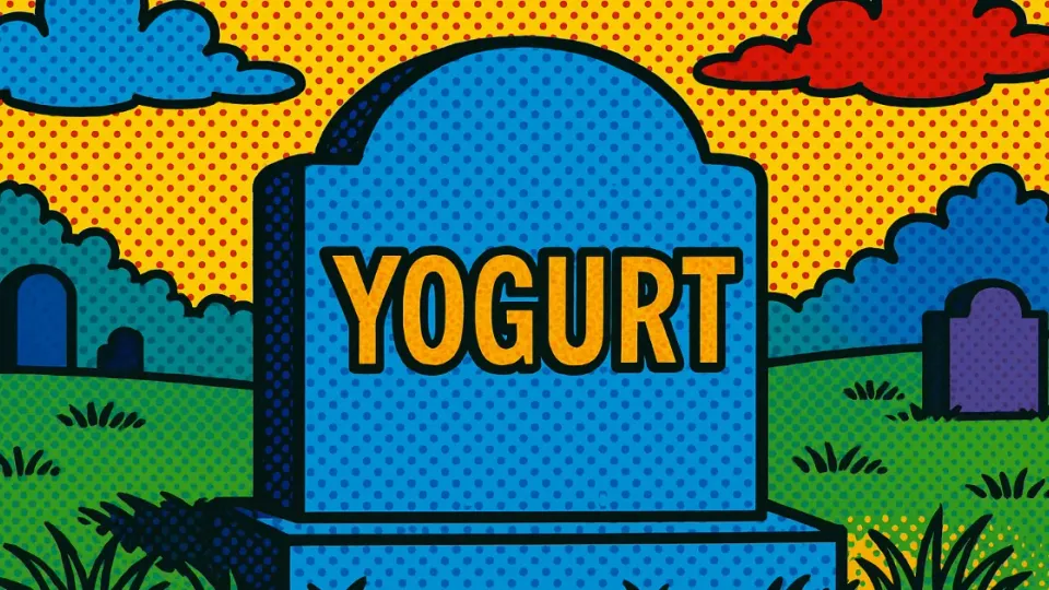 Pop art gravestone reading YOGURT in a cartoon cemetery